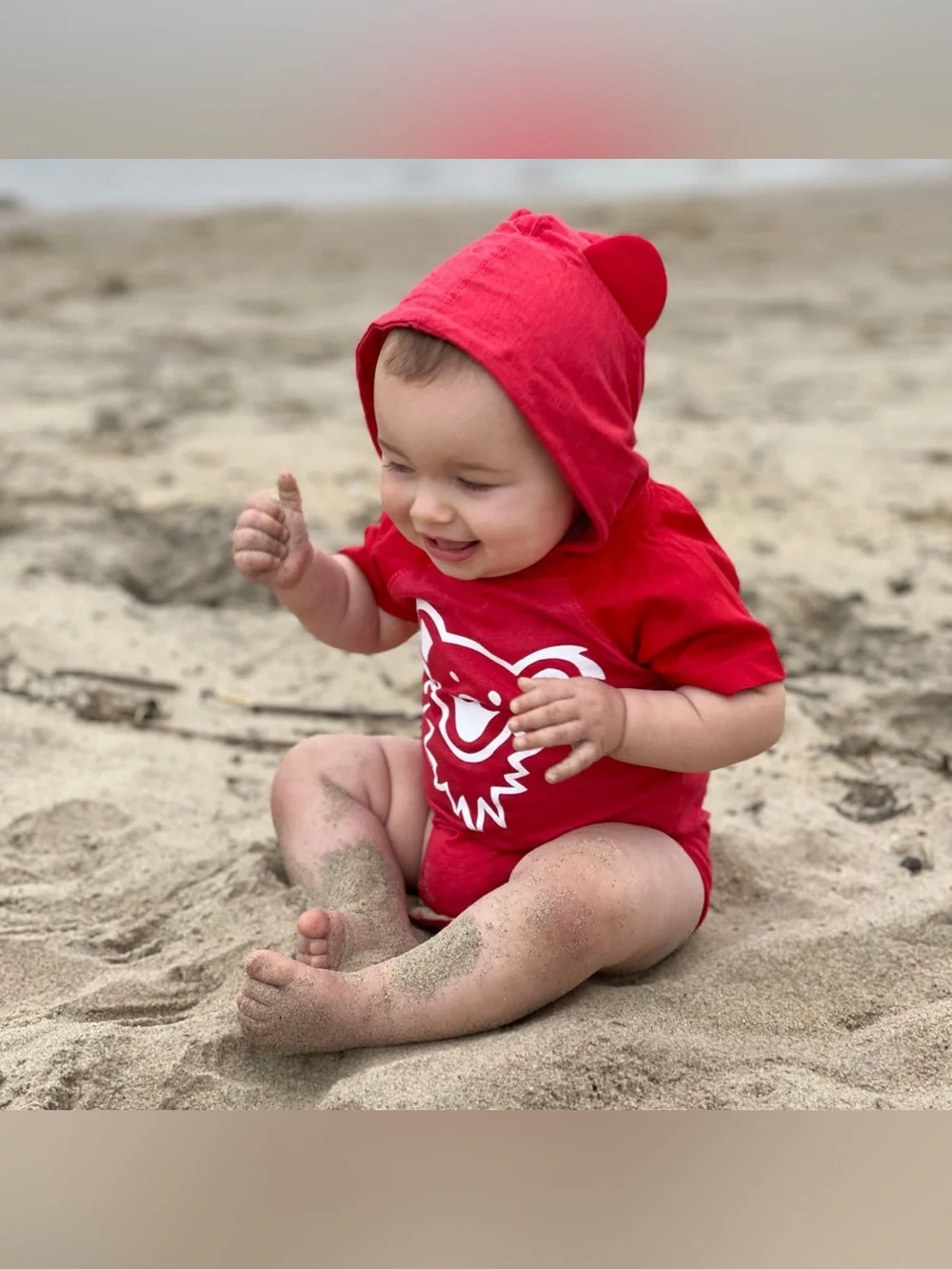 Rabbit Skins Grateful Dead Dancing Bear Face Hooded Baby One Piece Red 18 Months